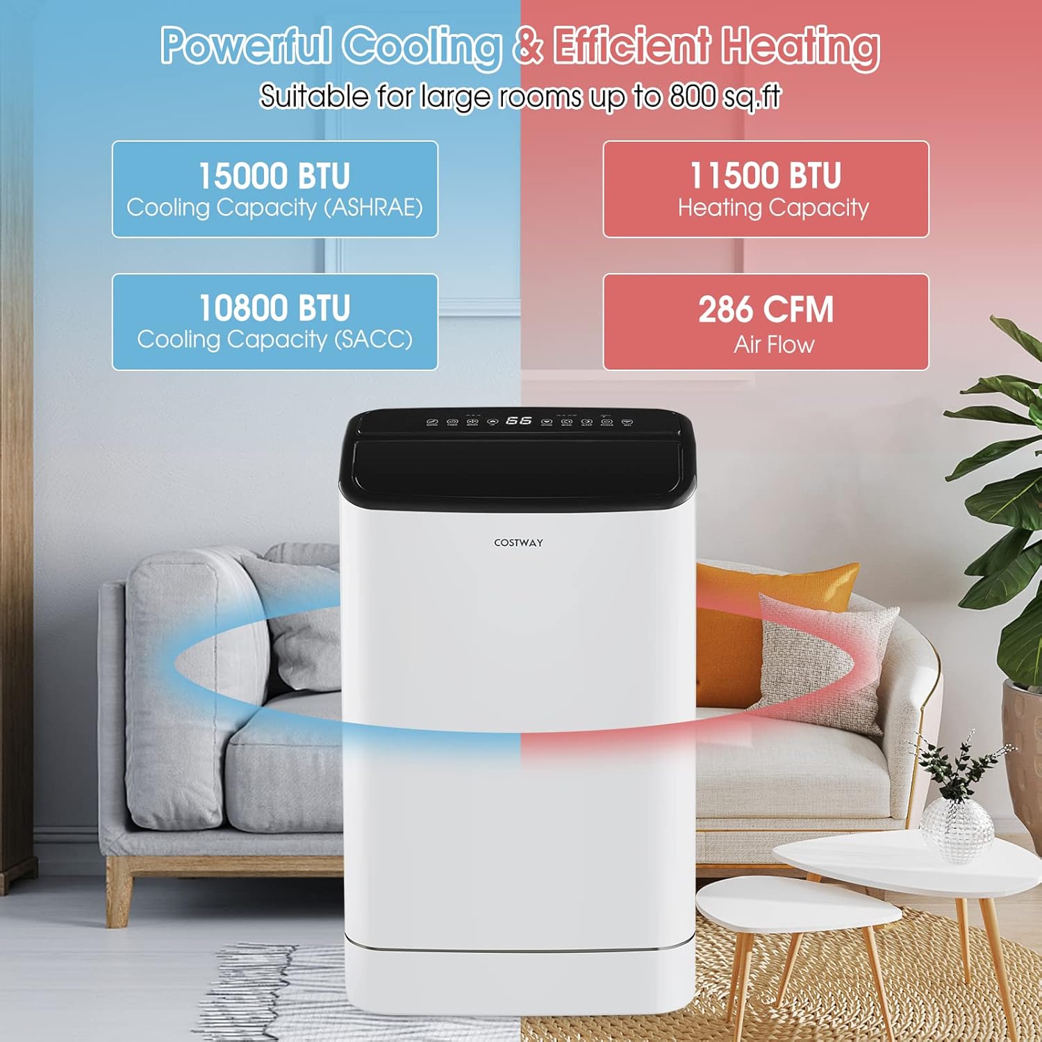 COSTWAY 15000 BTU Portable Air Conditioner, with Heat, Auto Swing 4-in-1 AC Unit for Rooms up to 800 Sq.Ft, with Built-in Dehumidifier, 24H Timer, Remote Control/APP Control & Window Kit(15000 BTU)