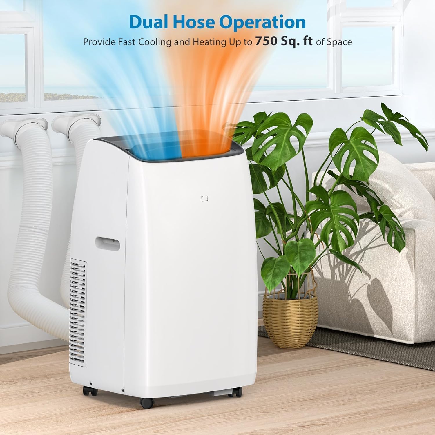 14000Btu Inverter Portable Air Conditioner, Dual Hose Portable Air Conditioner Cools & Heats up to 750 Sq Ft, Dehumidifier & Fan with Sleep Mode 42dB, 4-1 Standing AC Unit, Window Kit