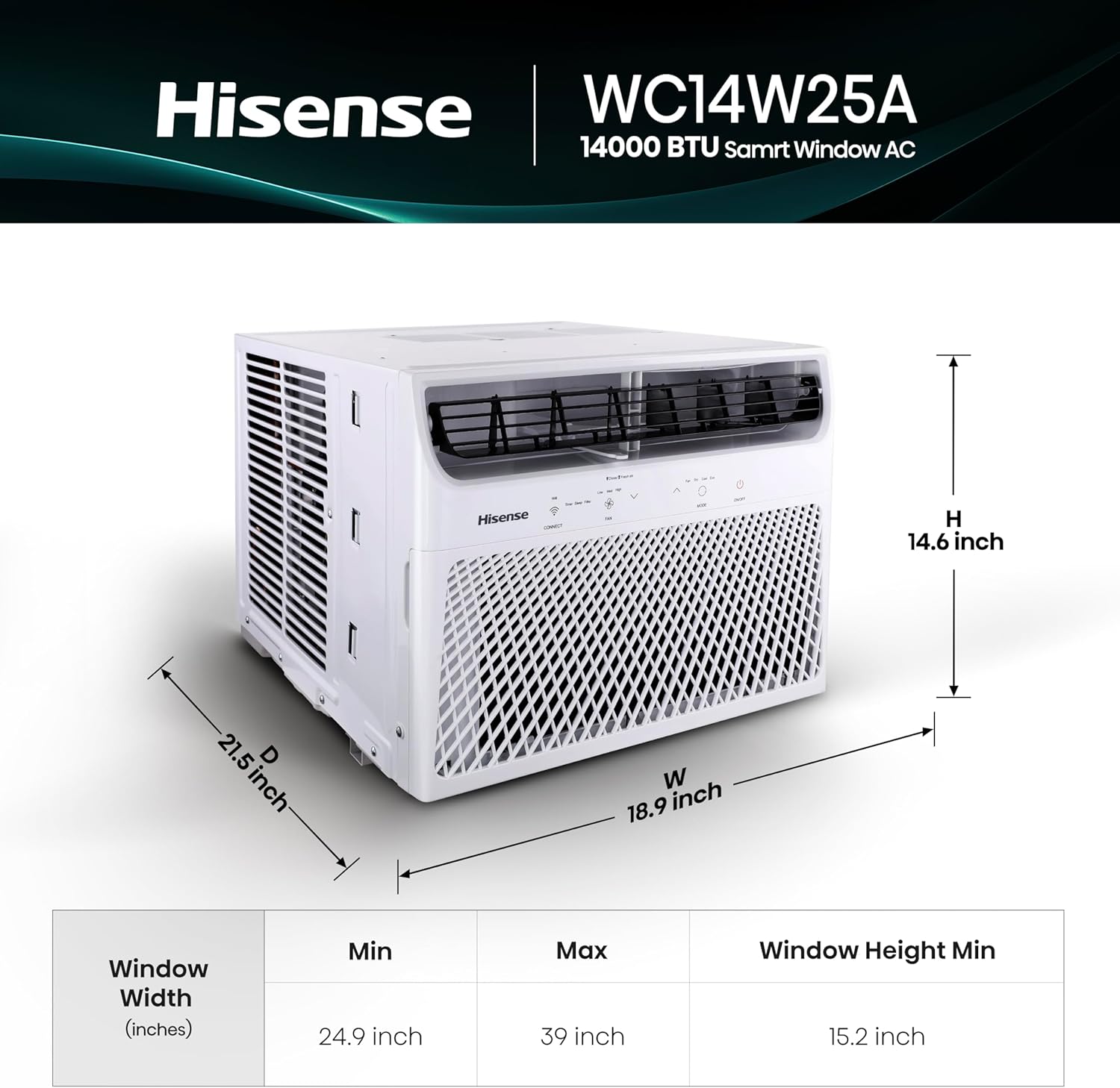 Hisense 14,000 BTU Smart Window Air Conditioner, 3 modes (Cooling, Fan, Dehumidifier), Easy Installation,Ultra Quiet, 2 Years Warranty