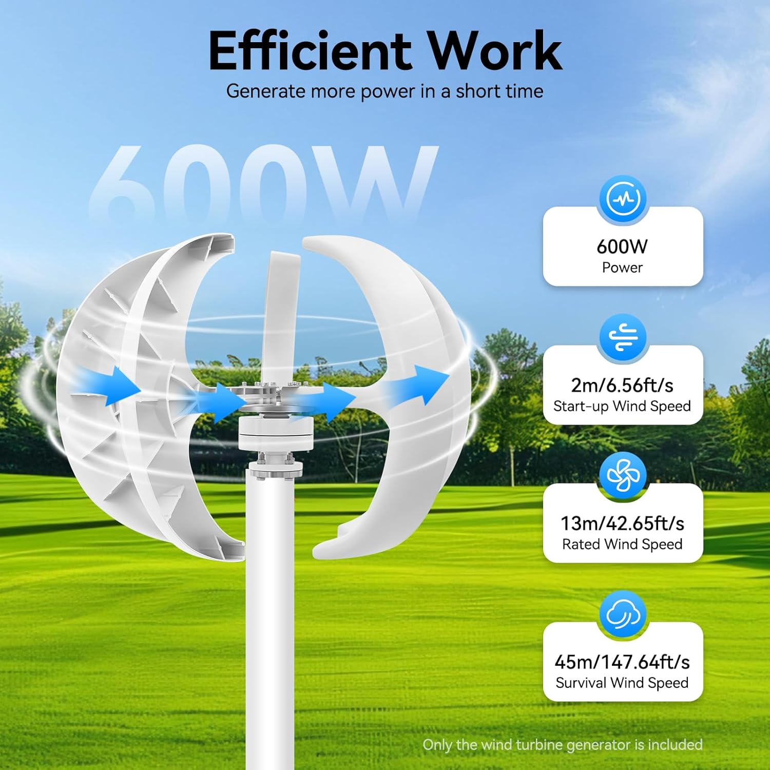 600W Wind Turbine Generator, 24V Wind Turbine Generator Home Windmill Kit, 6.56ft/s Start Wind Speed, 5-Blade Wind Power Generator with Controller for Home, Business, Industrial Energy Supply