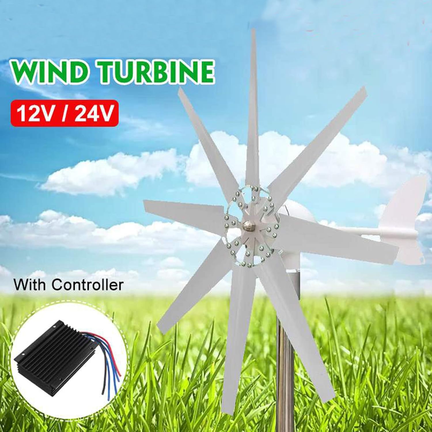 220v, 1200W Vertical Horizontal Wind Turbine Generator, with 8 Leaves 12V/24V/48V Wind Turbine Kit Wind Power Generator with MPPT Controller for Home Farm Rvs Boats
