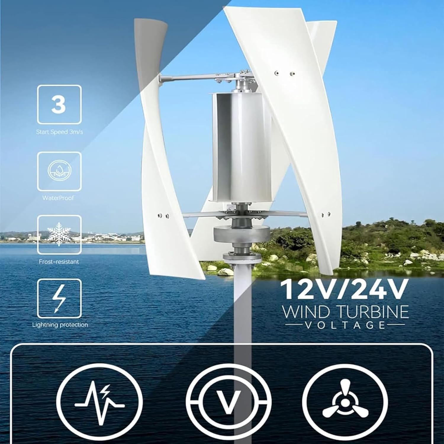 6000W Noiseless Vertical Wind Turbine - Magnetic Levitation Technology, Easy Installation & Repair, 12V Controller Included - Efficient Renewable Energy for Home Use
