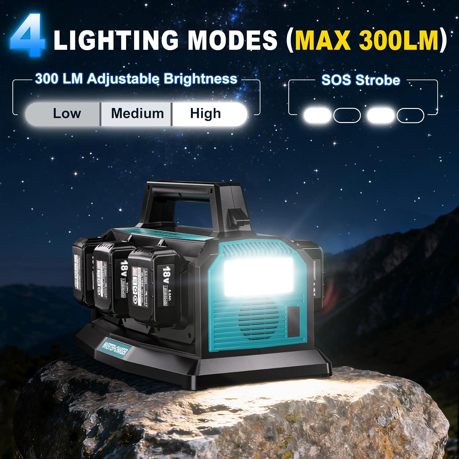 1200W Integrated Power Inverter with 6A Fast Charger, 6 Ports for Makita 18V Battery, Portable Pure Sine Wave Inverter with 120V AC Outlet, 6*USB, and LED Light for Camping Travel Jobsite(Tool Only)