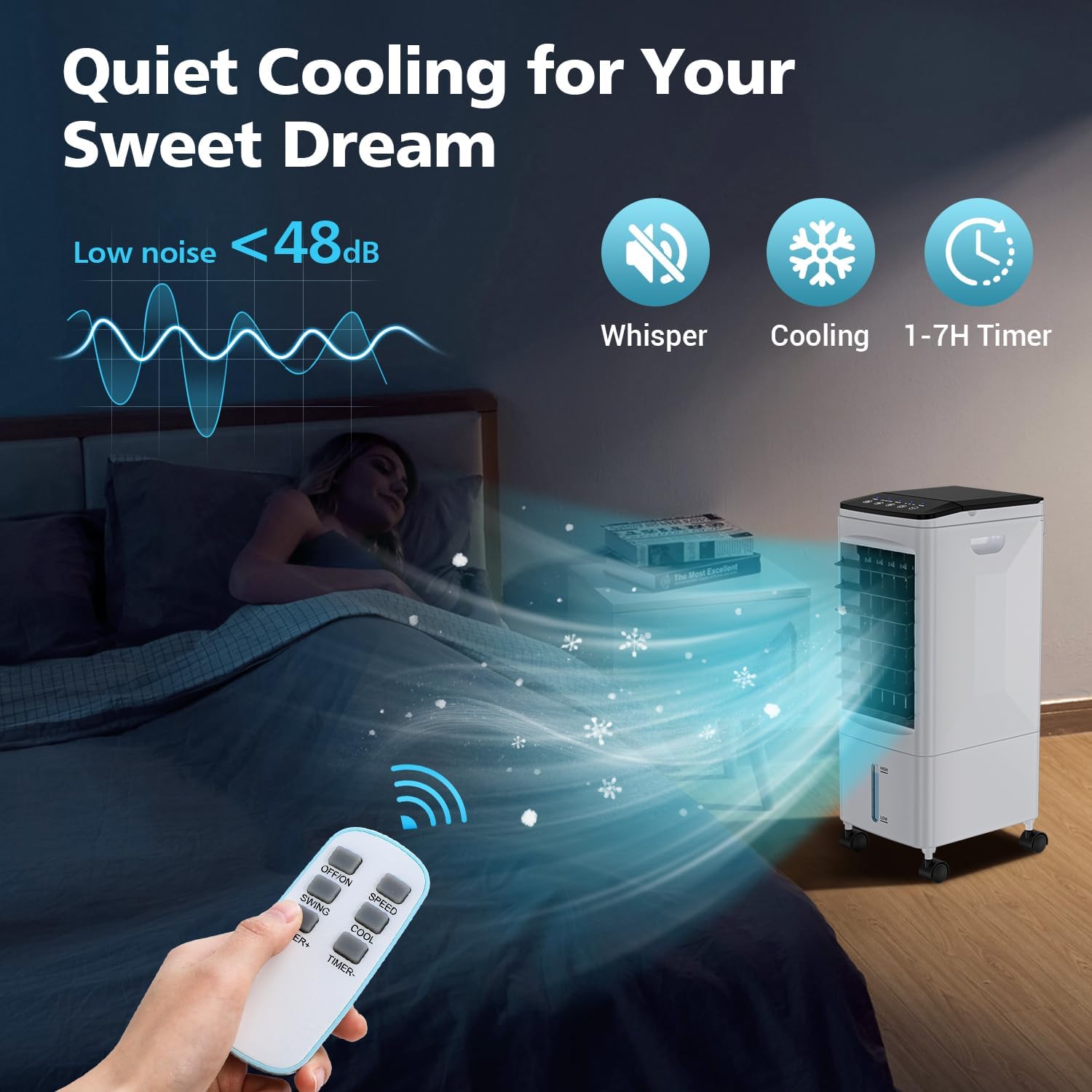 Portable Air Conditioners, 3-IN-1 Evaporative Air Cooler 3 Speed, 60° Oscillation, Remote Control & 1-7H Timer, 60W Energy Saving, Portable Space Cooler for Home Office Dorm