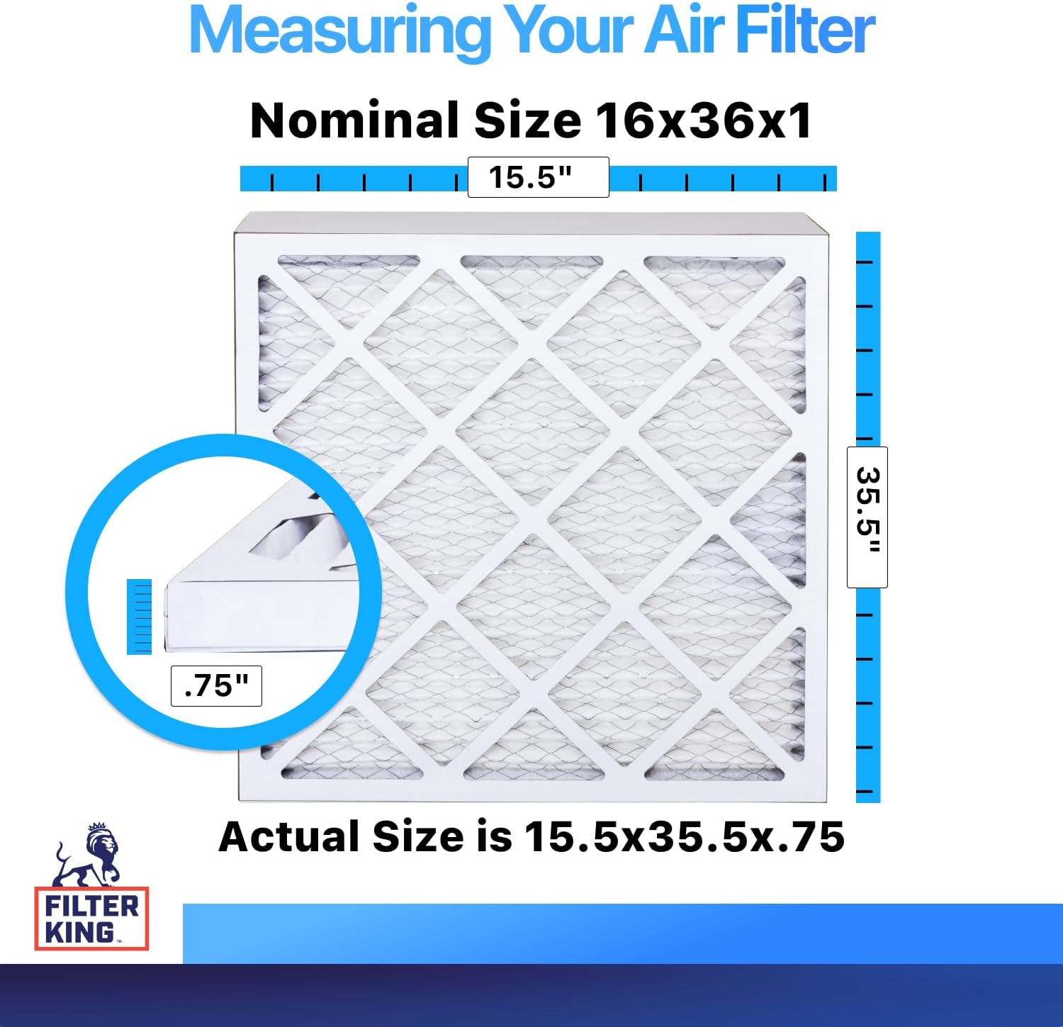 Filter King 16x36x1 Air Filter | 12-PACK | MERV 8 HVAC Pleated A/C Furnace Filters | MADE IN USA | Actual Size: 15.5 x 35.5 x .75