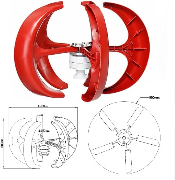 9000W 3 Phase AC Permanent Magnet Generator, 220V 48V 24V 12V 5 Blade Wind Generator Wind Turbine Kit with Controller for Hybrid Wind Solar System (Red)