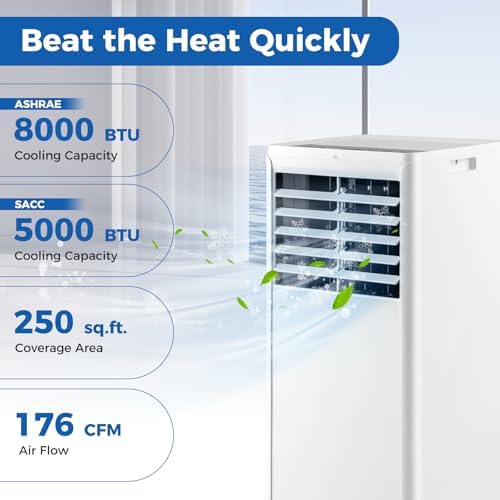 8000 BTU Portable Air Conditioner -SIMOE Portable AC Unit with Fan, cooling, Dehumidifier & Sleep Modes, cools up to 250 Sq.Ft, Air Conditioner Portable with 24H Timer & Remote Control