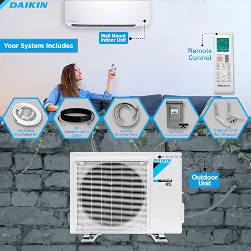 Daikin 12,000 Btu 18 SEER2 Ductless Mini-Split Wall Mount Heat Pump Air Conditioner - R32 w/Installation Kit, 1/2 Whip, 30A Disconnect, and Wall Bracket