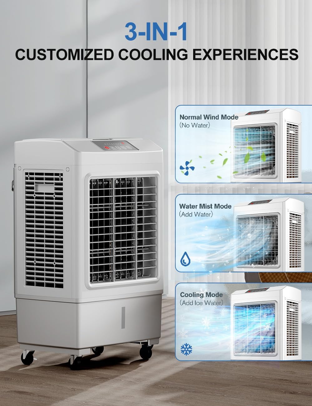 Large Swamp Cooler Air Conditioner, 2200CFM Evaporative Air Cooler, 7H Timer & 8 Gal Water Tank, 100°Oscillation, 3 Speeds & 3 Ice Boxes,Remote, Portable Air Conditioner for Garage, Large