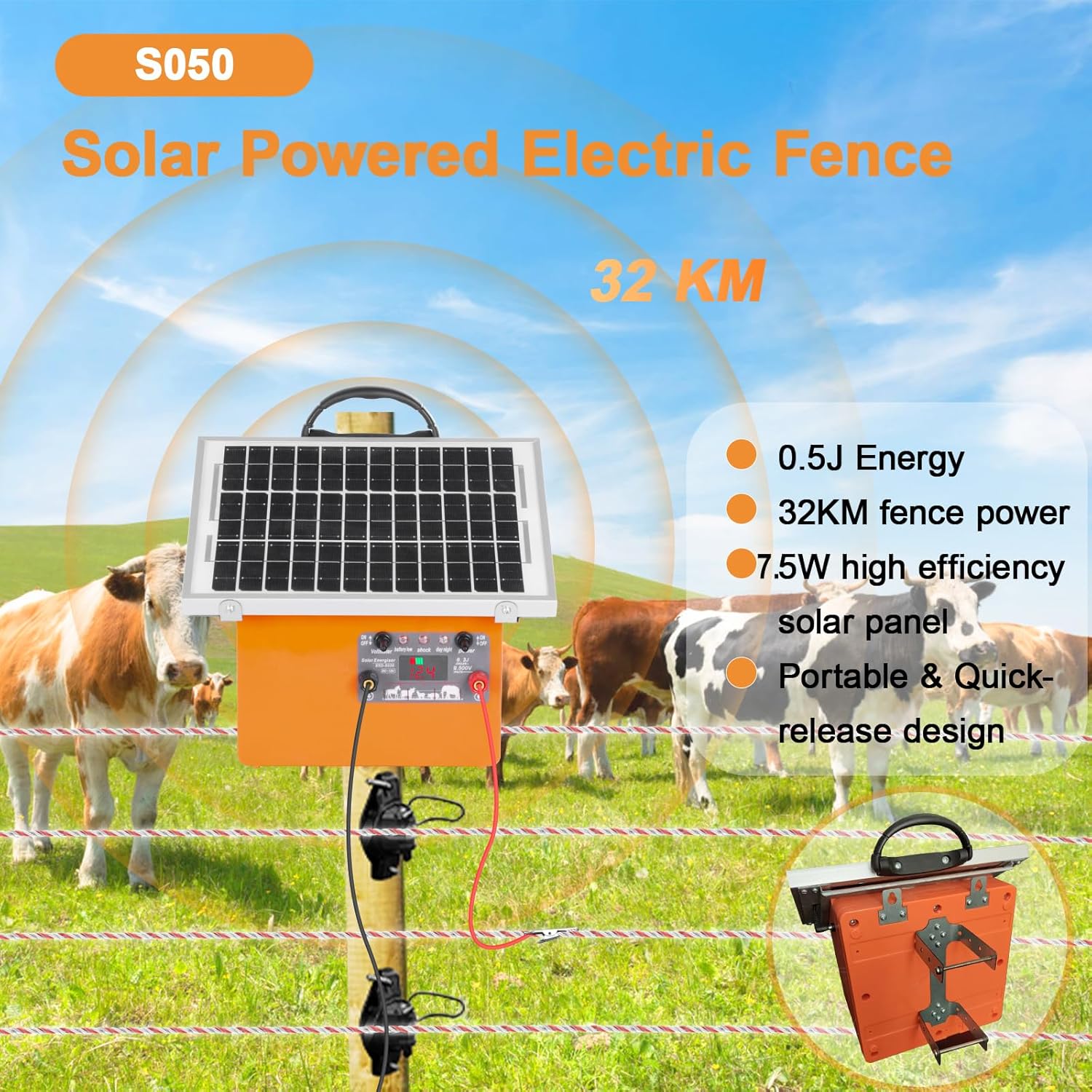 20 Miles Solar Electric Fence Charger,0.5 Joule Electric Fence Kit with 7.5W Solar Panel/7Ah Battery, IP65 Waterproof,Up to 9.5KV Output Portable Solar Fencer for Livestock Poultry