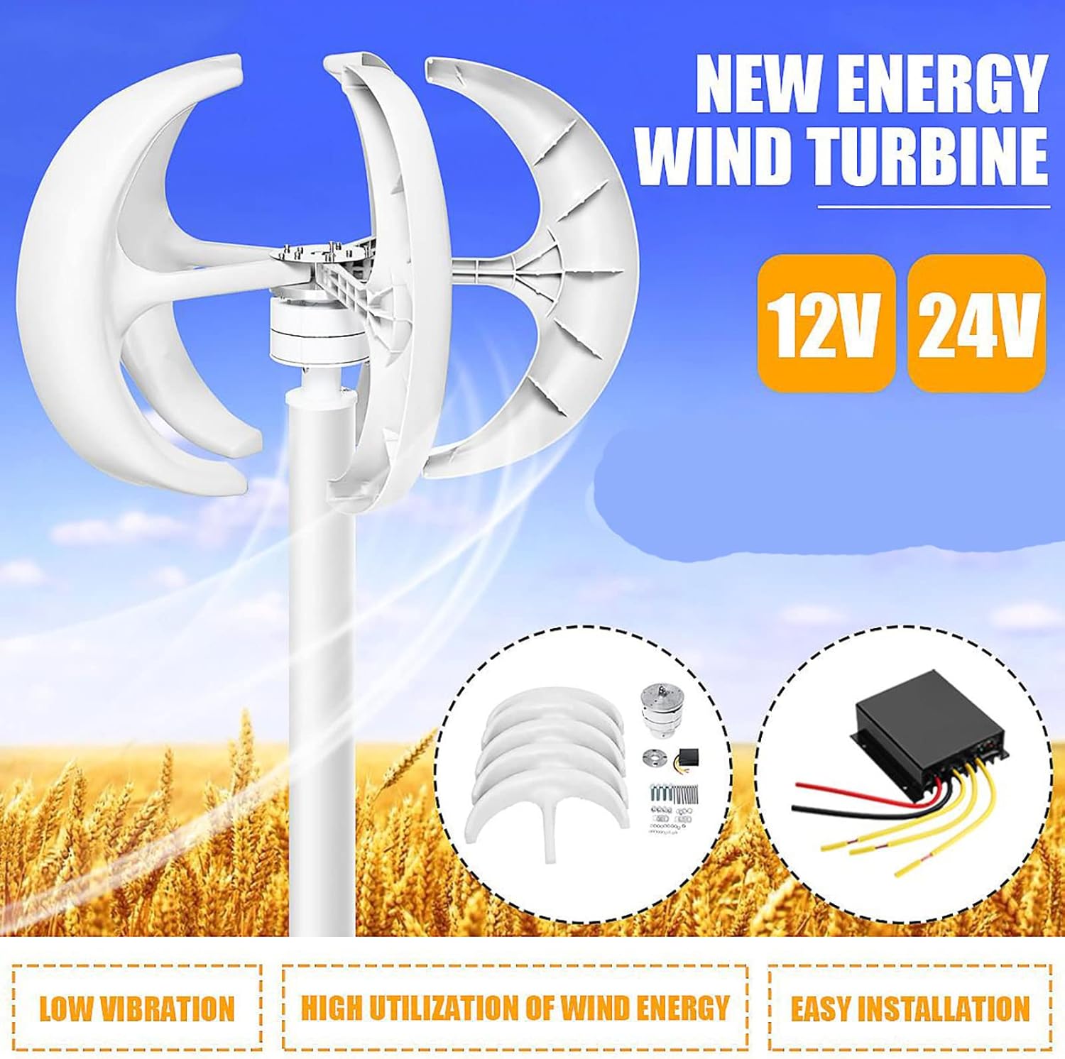 14000W White Turbine Wind Turbine Generator Kit, 12V/24V/48V 5 Blades Lantern Vertical Axis Wind Turbine Generator with Controller