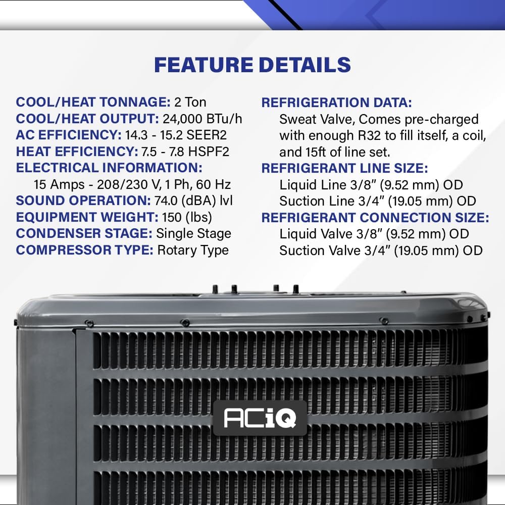 1HVAC 2 Ton 15.2 SEER2 Central Heat Pump Split System with Free Thermostat and 5K Backup Heat Kit - R32 Single Stage (AC/Heating System) | 24000 BTU
