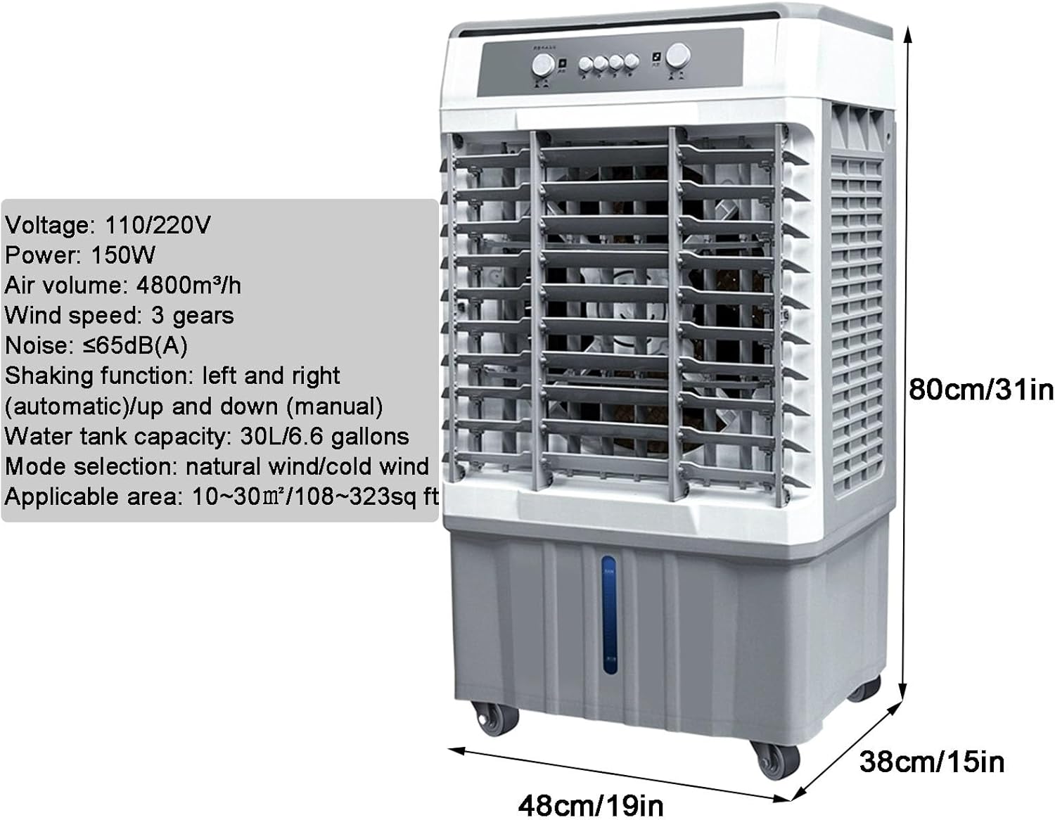 Evaporative Air Cooler, Swamp Cooler Air Conditioner, Evaporative Cooling Fan with 6.6Gal Water Tank, 3 Speeds for Outdoor, Office, Home
