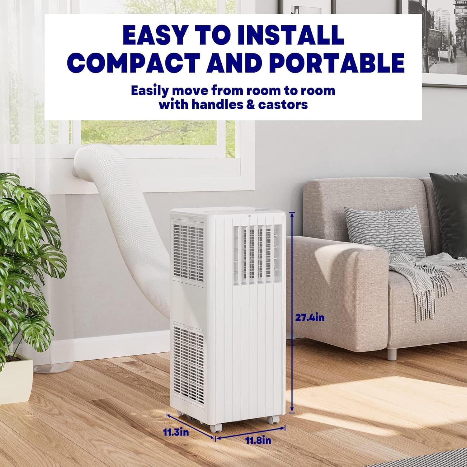 8000 Btu Portable Air Conditioner for Room Up to 350 Sq. Ft. Ac Unit Remote Controlled with Dehumidifier, Fan Mode, Efficient Cooling, Window Mount Exhaust Kit, 24Hrs Timer, White