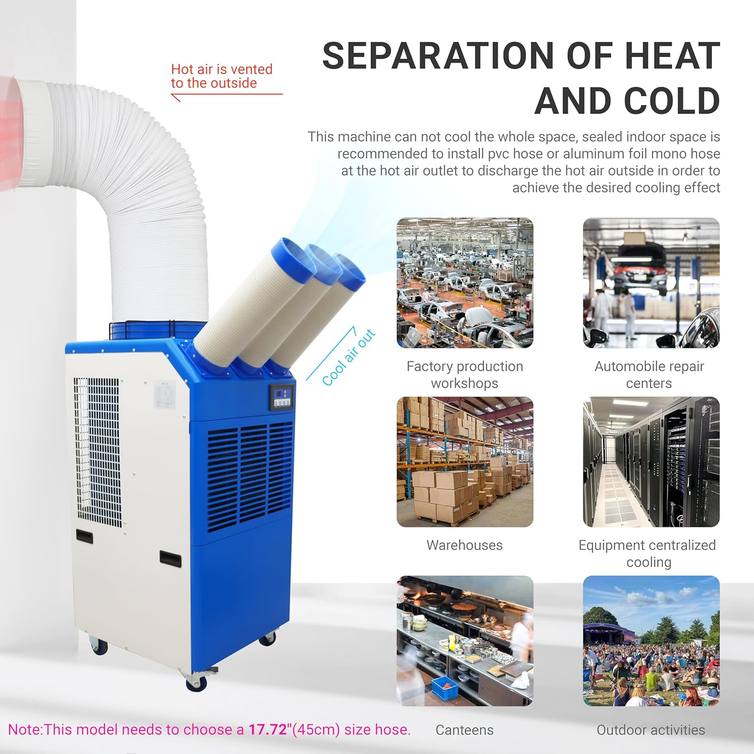 Industrial Air Conditioner 22178BTU/H Industrial Spot Cooler Air Conditioner with 3.7Gal Water Tank Portable Mobile Spot Cooler Three-Duct 2.4KW 220V