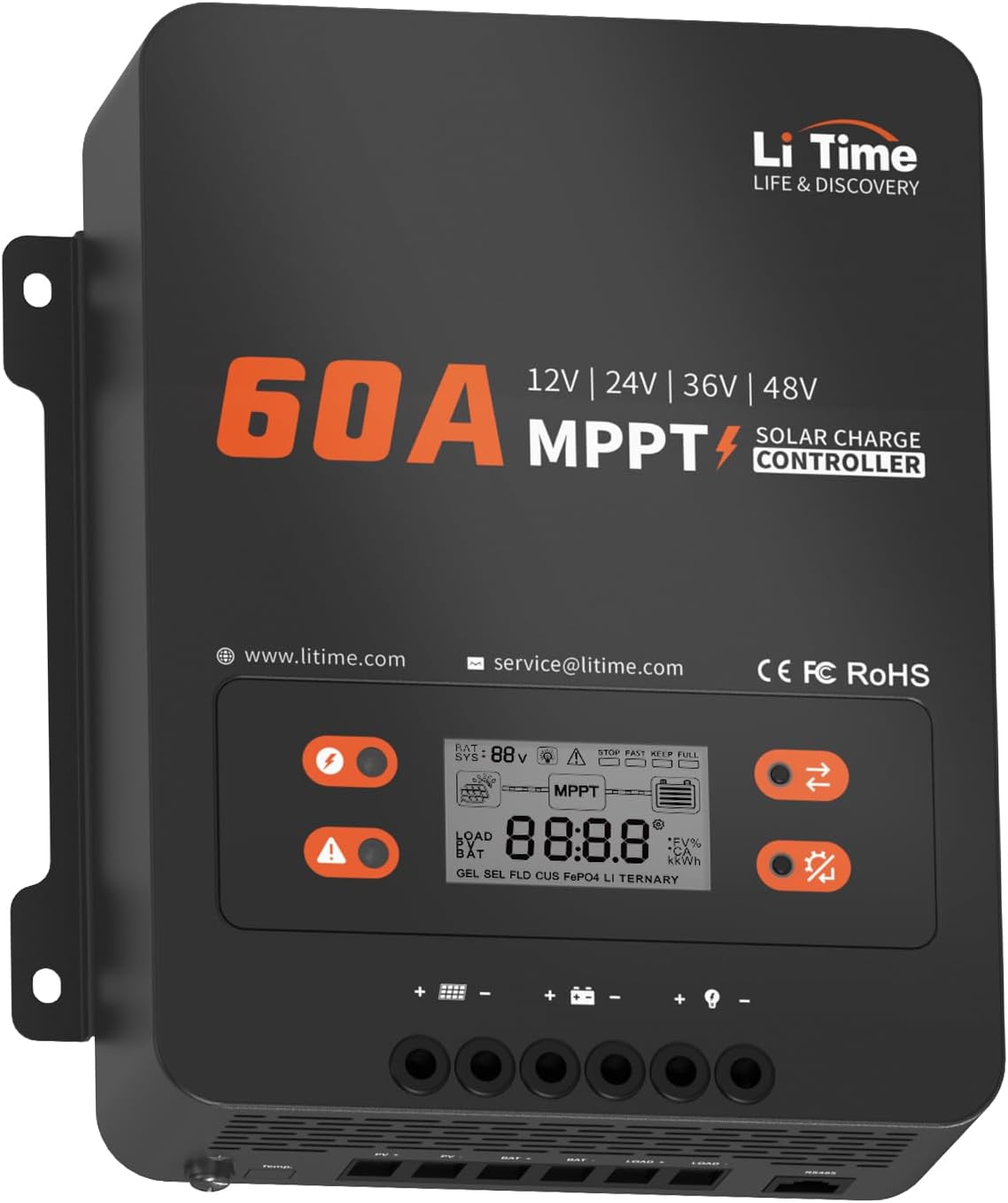 LiTime 60A MPPT Solar Charge Controller (No Build-in Bluetooth), 12V/24V/36V/48V Auto, Max PV Input 200VDC LCD Display Solar Panel Regulator for LiFePO4/Lead-acid Battery