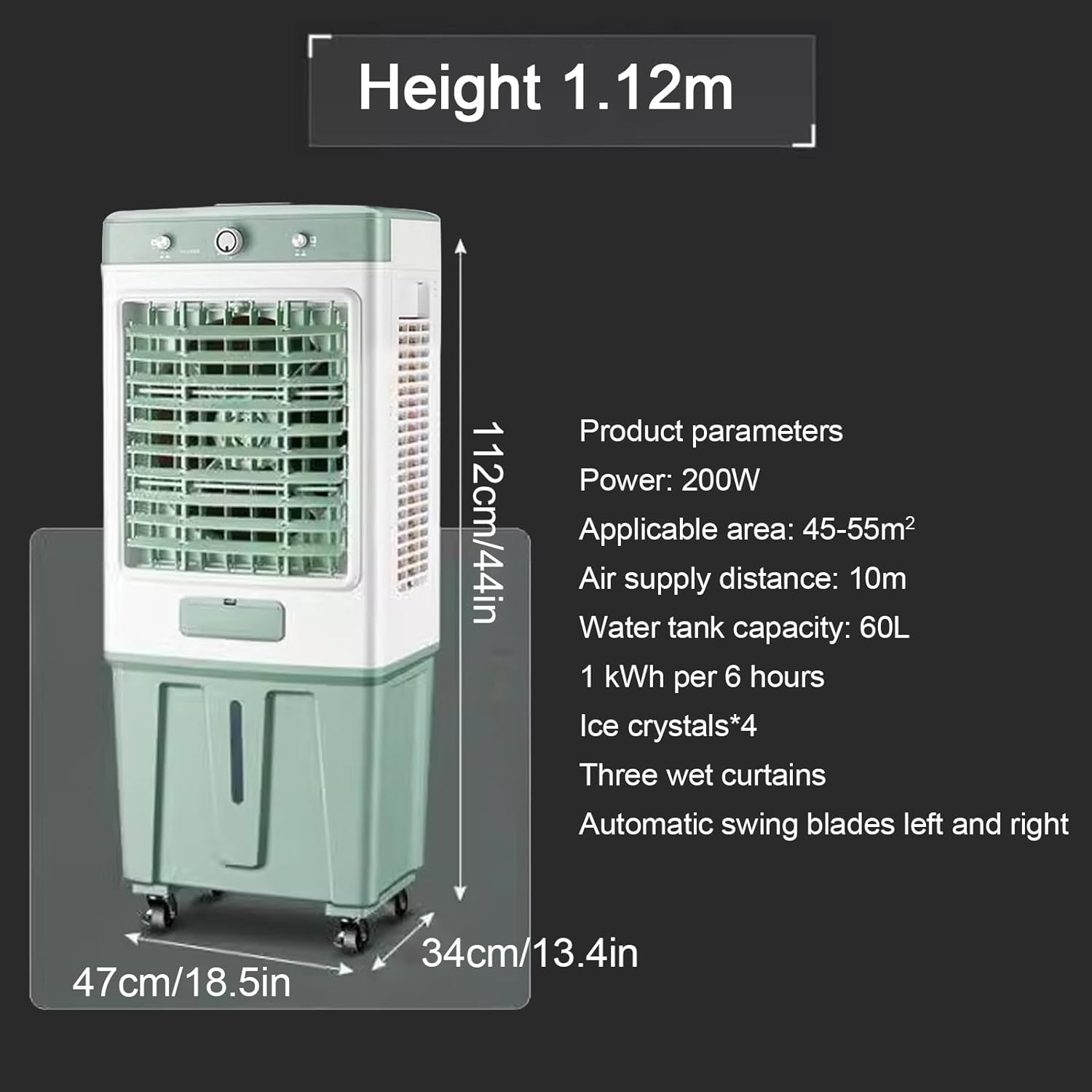 Portable Swamp Cooler, Evaporative Air Cooler, 10.5 Gal Water Tank, 4 Ice Packs, 3 Wind Speeds, Swamp Air Conditioner for Indoor, Outdoor, Garage(47x34x112cm(18.5x13.4x44in))