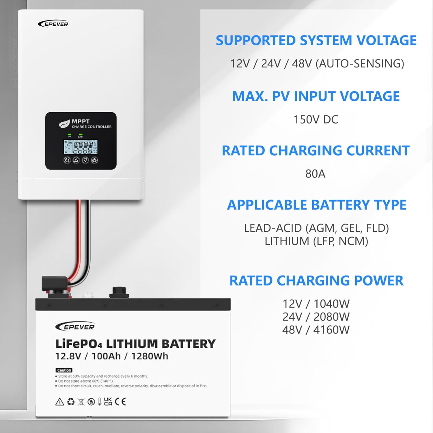 Epever 80A Mppt Solar Charge Controller TEP Series 12v/24v/48v Battery System Max PV 150V Works with Lifepo4 Batteries