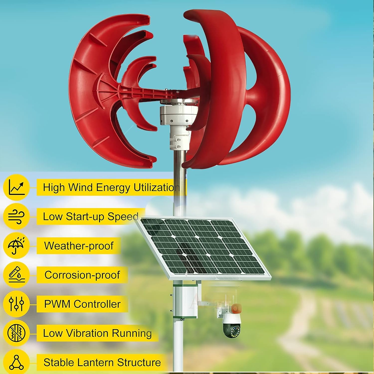 3000W Vertical Axis Wind Turbine Generator Low Noise Low Start Wind Speed 12V 24V 48V Windmill Off Grid System with MPPT Charger(Red)