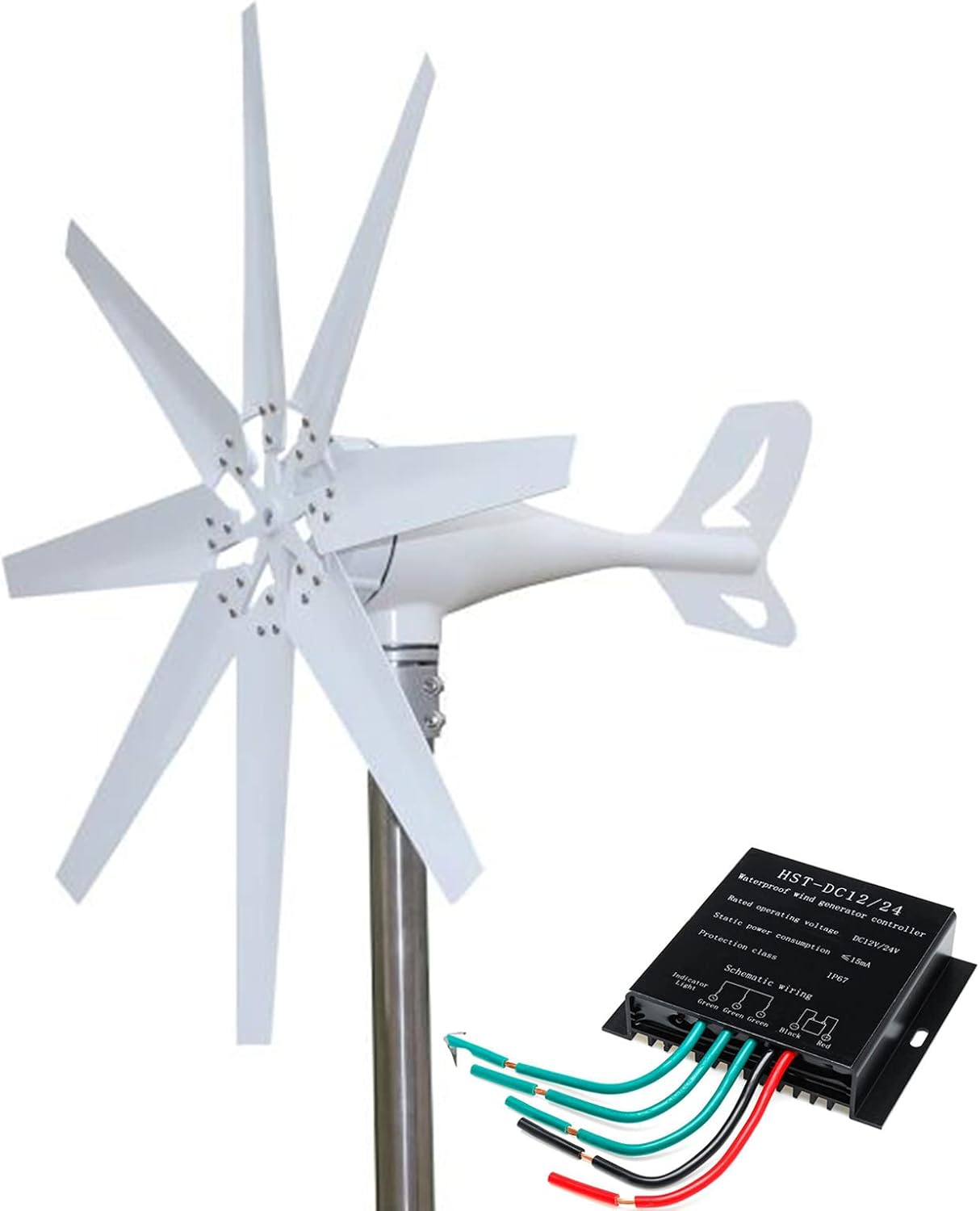 2000W 12V 24V 48V No Noise 8 Blades Wind Turbine Generator Kit, Vertical Wind Turbine Motor with Charge Controller Kit for Home Use(White)