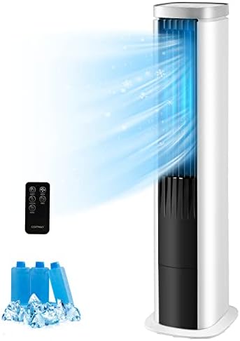 COSTWAY Evaporative Air Cooler, 40-Inch Bladeless Tower Cooler with Remote Control, 4 Ice Packs, 4 Speeds, 7H Timer, 60°Oscillation, Quiet Portable Swamp Cooler Fan for Bedroom Home Office