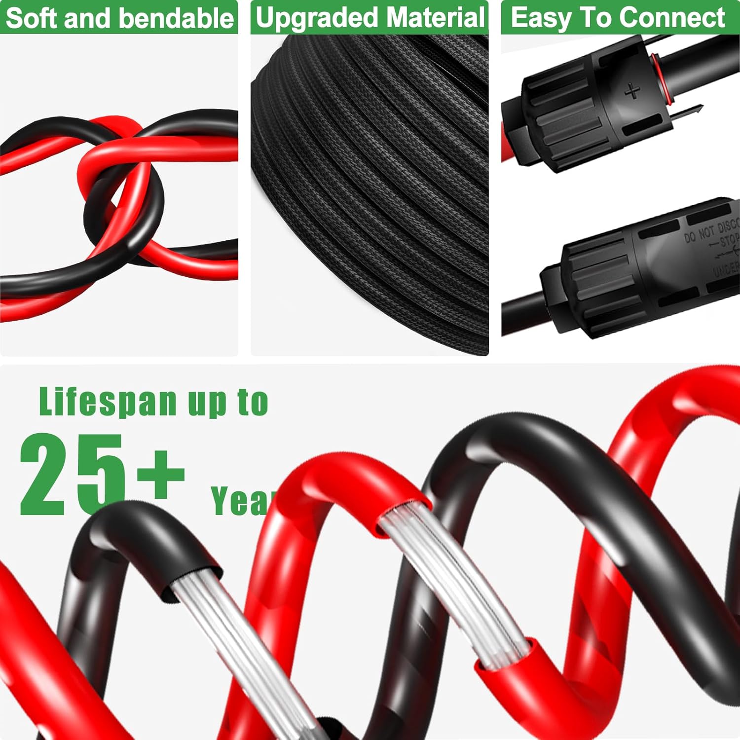 Twin Wire 50 Feet Solar Extension Cable 10AWG with -IP67- Female and Male Connector, Bonus Four Pairs of Free Connector Solar Panel Adapter kit Tools (6 Pairs connectors)