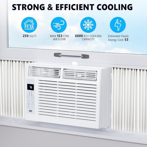 Window Air Conditioner 6,000 BTU, Window Type AC Unit with Cooling, Dry Mode, 4 Fan Speeds, 24-H Timer, Sleep Mode, Cooling for 250sq.ft Bedroom, Living Room, Office