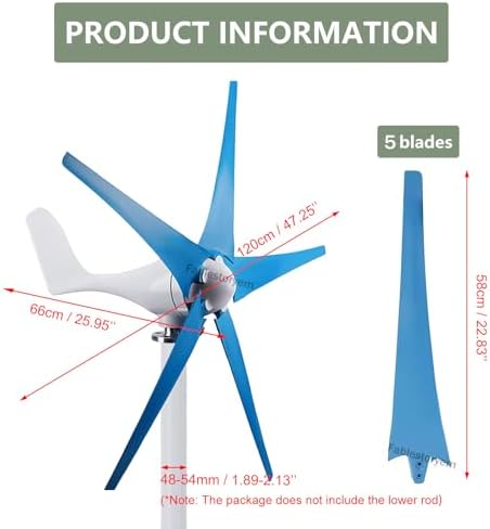 12000W Wind Turbine, 5 Blade Vertical Generator DC 12V/24V/48V, 3 Phase AC Permanent Magnet Generator Kit with MPPT Controller for Solar Wind Hybrid System, Blue-24V