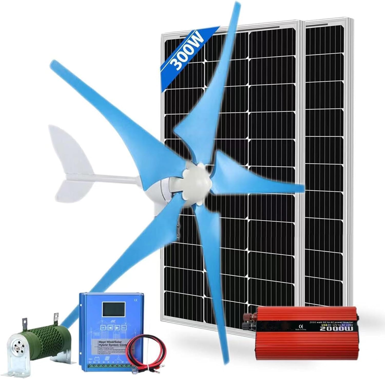 CHRISK 9000W Horizontal Axis Wind Turbine Generator Kit Wind Turbine + Wind and Solar Hybrid Controller + 2000W Inverter + 150W *2 Solar Panel Household Marine Street Light