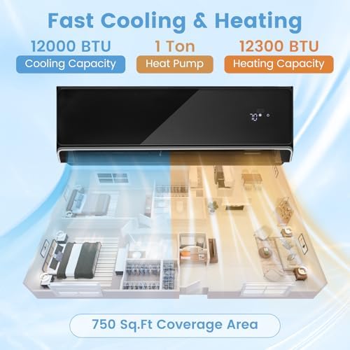 KOTEK 12000 BTU Mini Split AC/Heating System, 22 SEER2 Split Air Conditioner w/Heat Pump, Inverter Compressor & Installation Kit, WIFI Enabled, Cools Up to 750 Sq.Ft, Compatible with Alexa, 208-230V