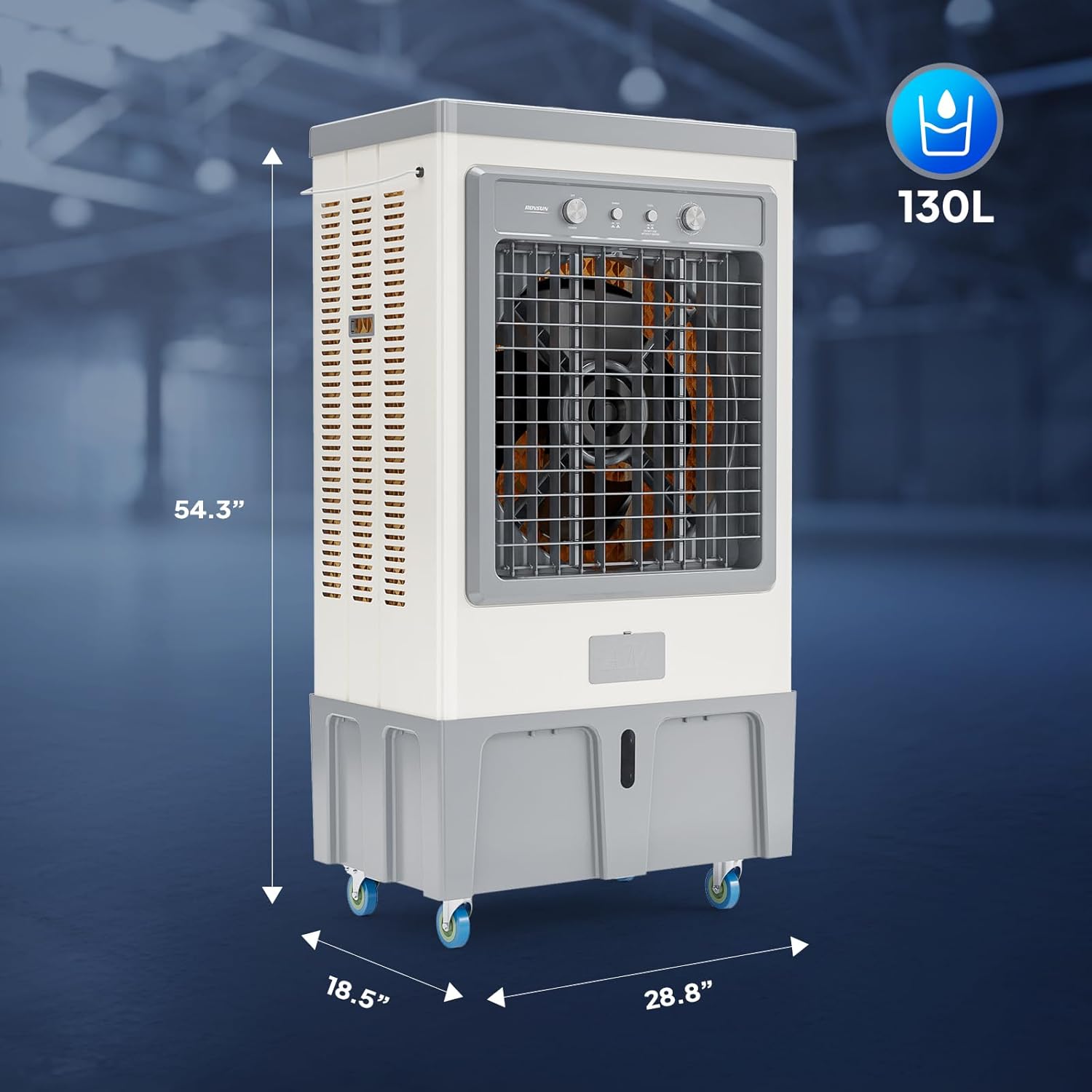 ROVSUN 34.3Gal/130L Commercial Swamp Cooler, 9000CFM Powerful Evaporative Air Cooler, 500W Strong Motor, 3 Speeds, 4 Ice Packs, 3-IN-1 Humidifying Cooling Fan for Shop, Factory, Garage
