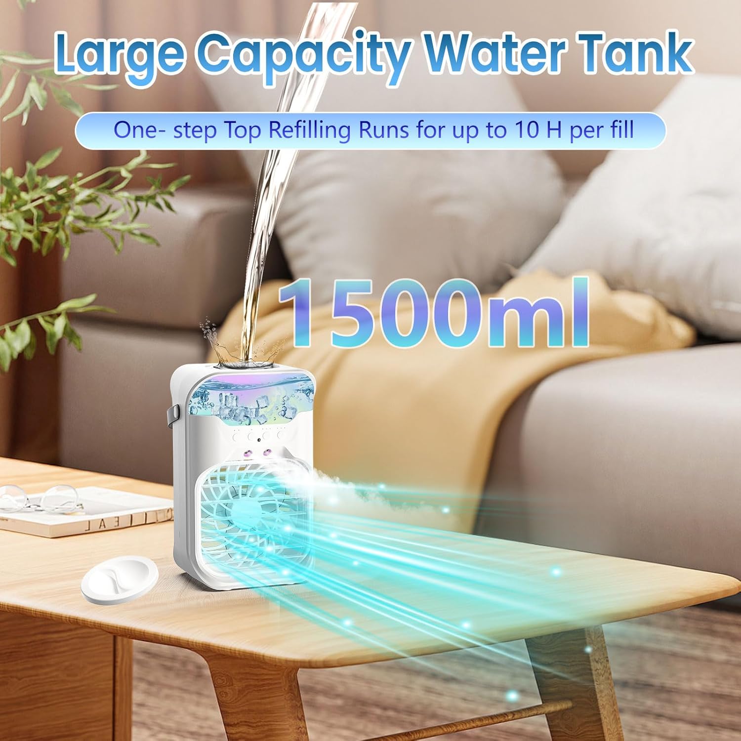 IWENNUAN Portable Air Conditioners, 4 in 1 Portable AC Unit with Remote, 1500ml Water Tank, 3 Speeds, 6H Timer, 2 Spray Mist, 7 Night Light, Personal Mini Air Conditioner for Bedroom