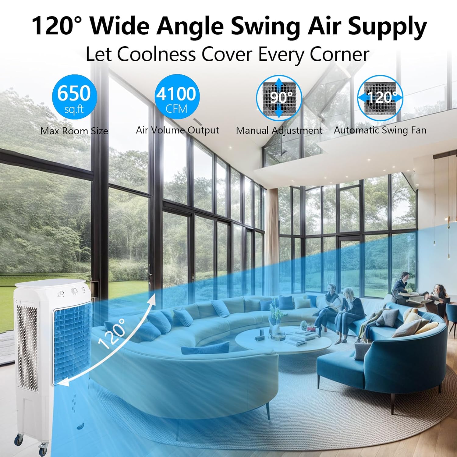 4100CFM SwiftCool Swamp Cooler with Remote, 4 Ice Packs, 3 Modes & Speeds for Indoor Outdoor Use - 15.8 Gallon