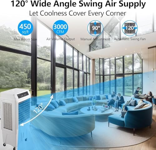 Evaporative Air Cooler, 3000 CFM Swamp Cooler with Remote Control, 10.3 Gallon Large Water Tank, 3 Speed Cooling Fan, 4 Ice Packs, Portable Air Conditioner for Room Garage Commercial