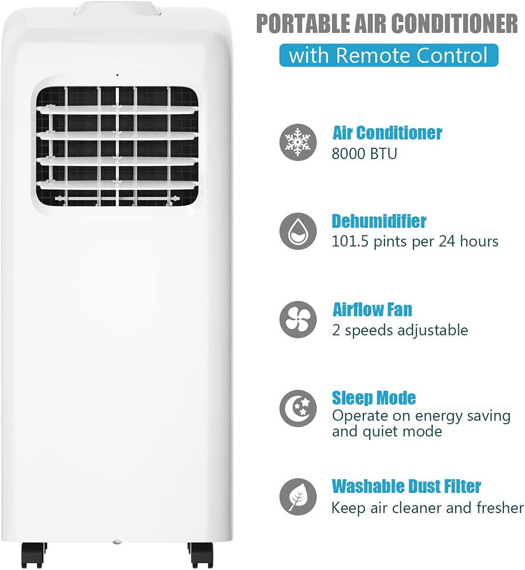 COSTWAY Ashrae 8000 BTU Portable Air Conditioner with Remote Control, Energy Efficient for Rooms Up to 400 Sq. Ft, Cooling, Dehumidifying, Fanning, Sleeping Mode, Time Settings, Clear LED Display