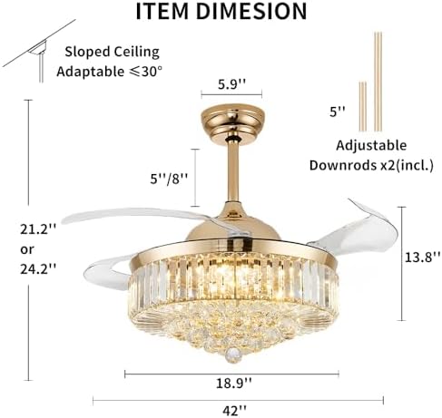 42 Inch Fandelier Ceiling Fan with Light, Chandelier Ceiling Fan for Bedroom Living Room, Dimmable, 6 Wind Speed. Reversible Motor, Memory Function-Gold