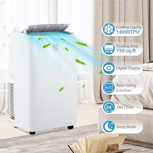 14,000 BTU Portable Air Conditioner, 4-In-1 Portable AC Unit with Cooling, Dehumidifier, Fan & Sleep Mode for Rooms Up to 700 Sq.Ft with Window Kit, 24H Timer & Remote Control