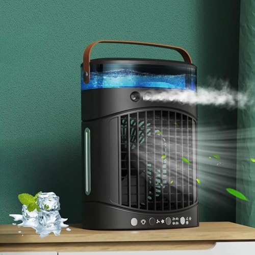 Portable Air Conditioners Fan, USB Personal Mini Air Conditioner 2 Speed 3 Mist 7 Night Light 8H Timer, 0.6L Water Tank Evaporative Air Cooler for Room, Bedroom, Office, and More (Black) (White)