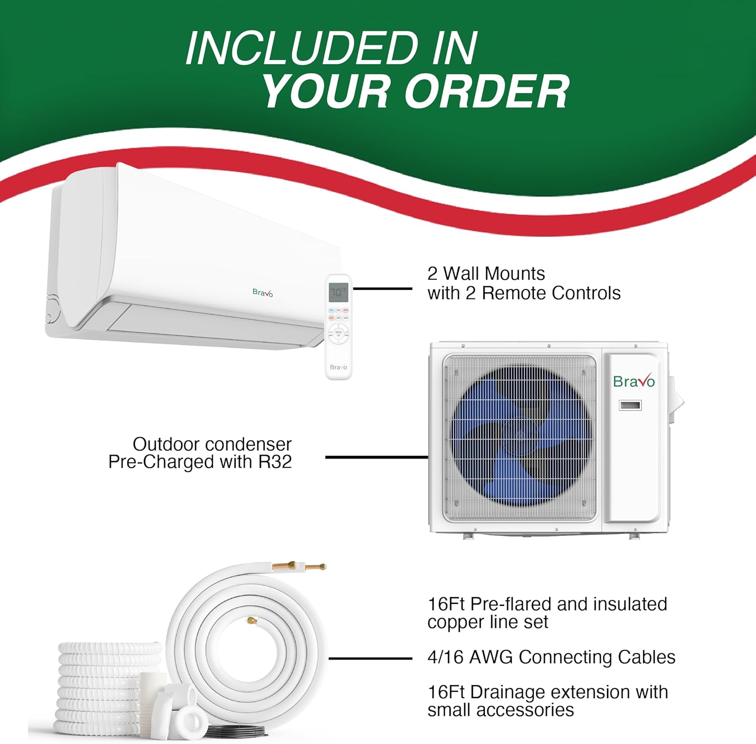 BRAVO 24,000 BTU Dual Zone 9000 + 18000 BTU Wall Mount, 23 SEER2 Ductless Mini Split AC & Heat Pump – Includes Smart Control & 16FT Installation Kits – Inverter System