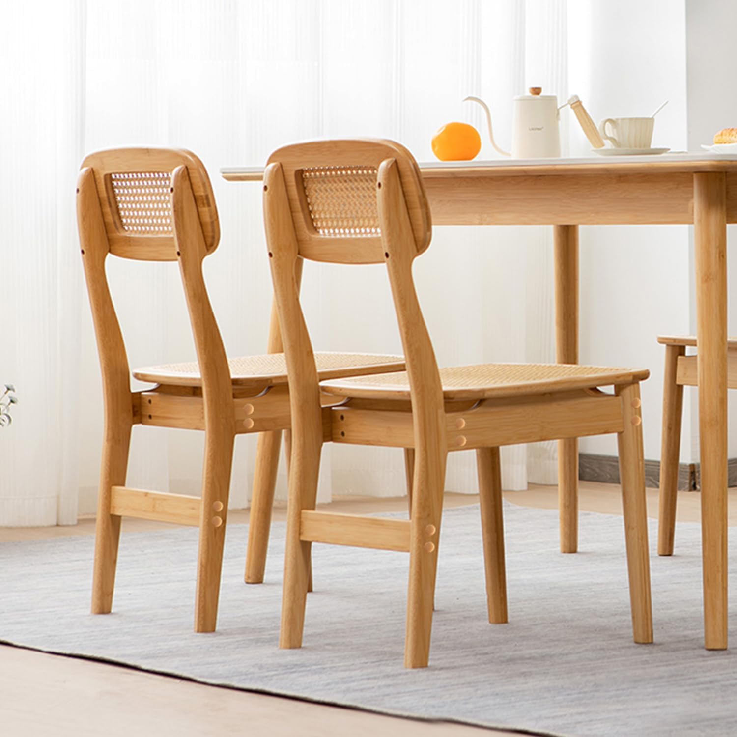 Mid Century Modern Accent Bamboo Chair with Rattan Seat and Cane Back, Practical Dining Chair Boho Style Handmade Natural Leisure Chair for Living Bedroom Dining Room Office Reception Reading Indoor