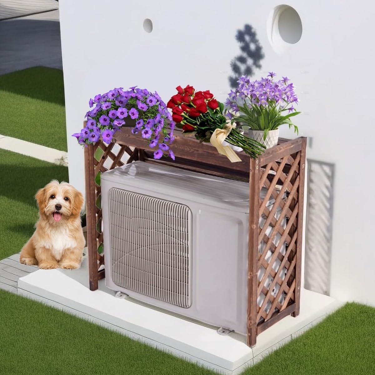 Air Conditioner Cover for Outside Units Stable Free Standing AC Fence Screen Wooden Storage Shelf for Outdoor Condenser Flower Shelf Decorative Easy to Install(Brown,L115cm*W54cm*H95cm)