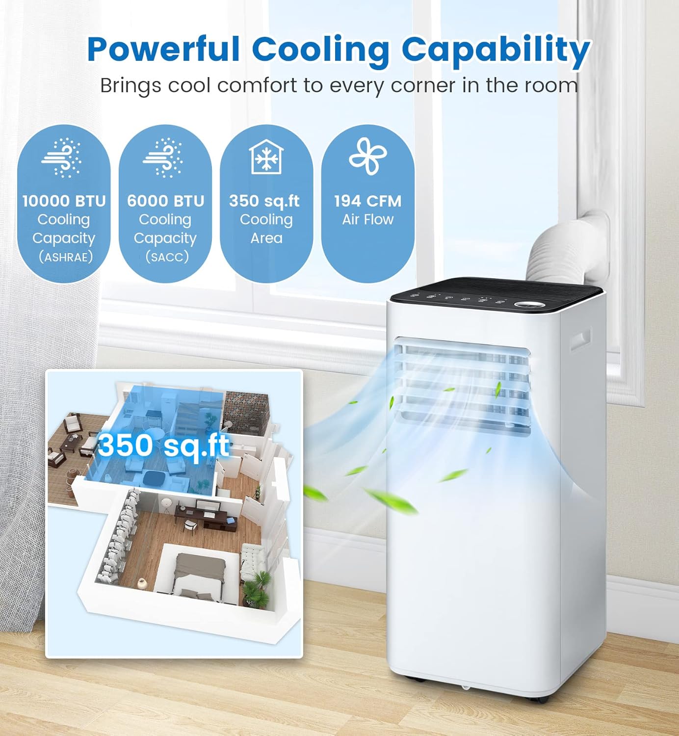 PETSITE 10000 BTU Portable Air Conditioner, 3-in-1 Multi-Functional AC Cooling Unit with Remote Control, Dehumidifier, Window Kit Included, Stand up Air Conditioner Cools Rooms up to 350 Sq.Ft