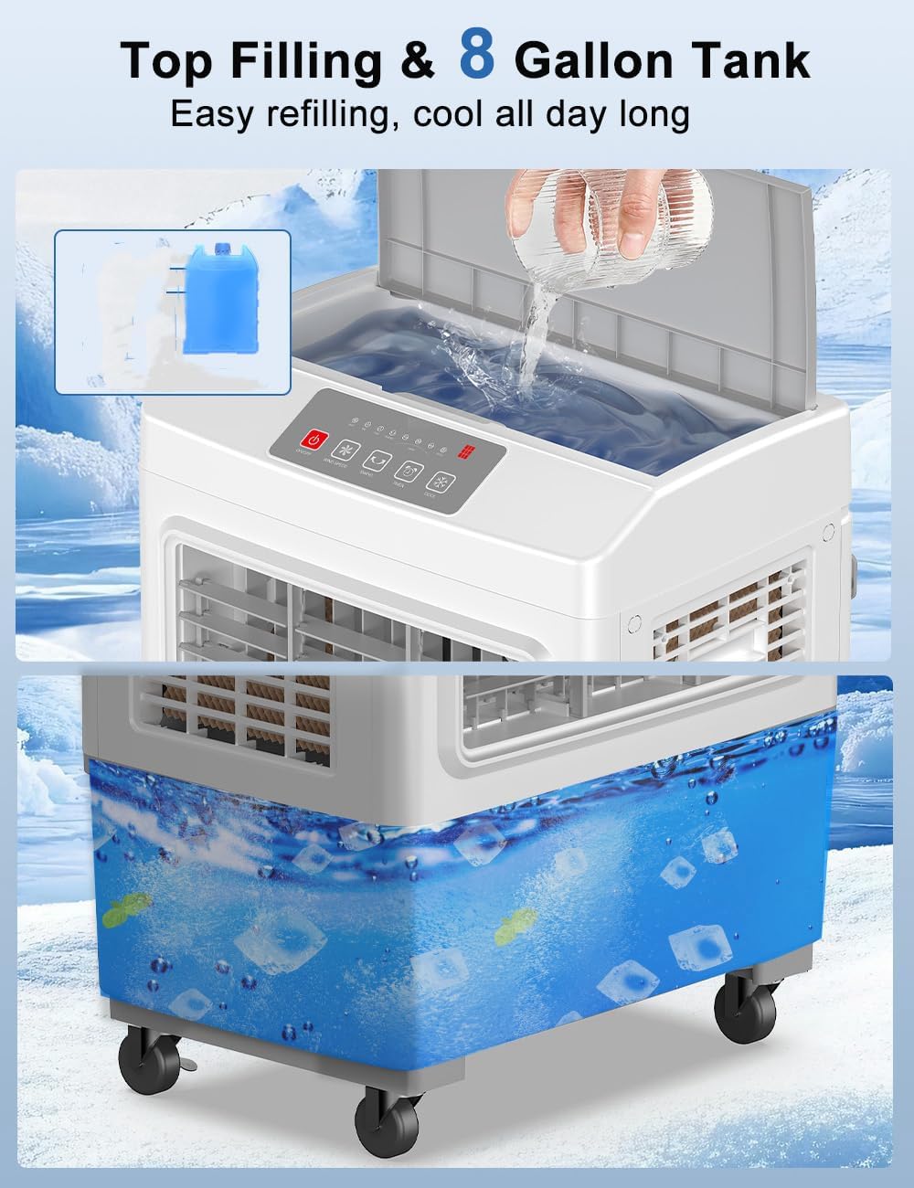 Large Swamp Cooler Air Conditioner, 2200CFM Evaporative Air Cooler, 7H Timer & 8 Gal Water Tank, 100°Oscillation, 3 Speeds & 1 Ice Boxes,Remote, Portable Air Conditioner for Garage Home