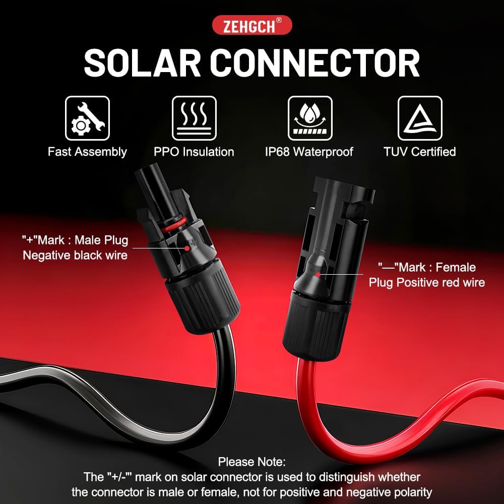 Solar Panel Cable Connector Kit with 10AWG Heavy-Duty Tinned Copper Charge Cable for Portable Solar Power Station and Battery Connections (50FT)