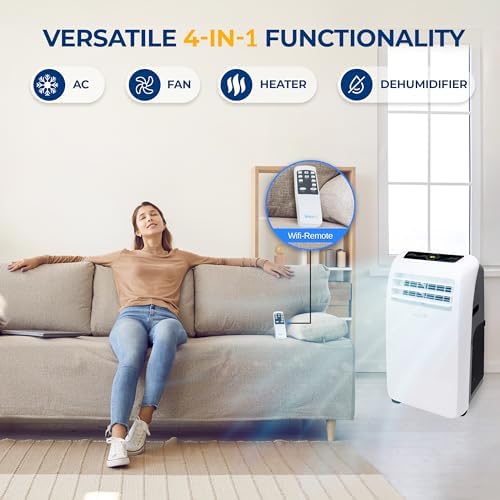 SereneLife Portable Air Conditioner + Heat 12,000 BTU with Built-in Dehumidifier - Portable AC unit for rooms up to 550 sq ft - Remote Control, Window Mount Exhaust Kit