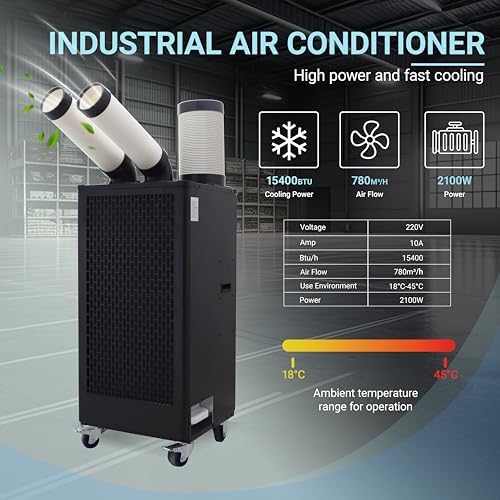 15400BTU/H Industrial Spot Cooler Air Conditioner Industrial Air Conditioner with 2.1Gal Water Tank Portable Mobile Spot Cooler Double Ducts 2.1KW 220V Black