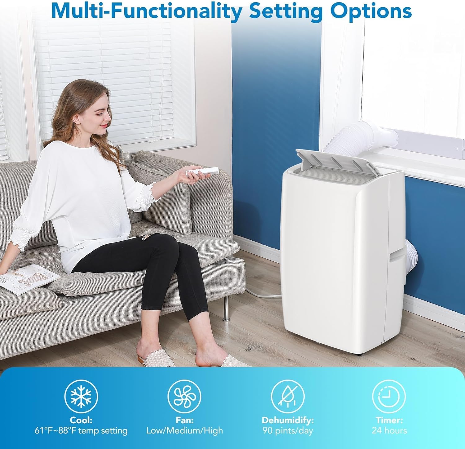 Portable Air Conditioners, 14000 BTU for Rooms Up to 750 Sq.Ft. 3-In-1 Portable AC with Fast Cooling, Dehumidifying, Three-Speed Fan, Includes a 24-Hour Timer, Remote Control, and Quiet Operation, Whi