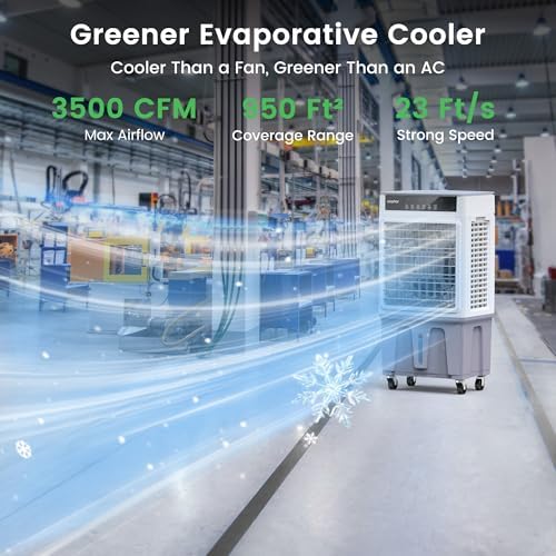 Waykar Swamp Cooler, 3500 CFM Evaporative Air Cooler with 6 Gals Water Tank, 950 Sq.Ft. Portable Air Conditioner with 4 Ice Pack, 120°/60°Oscillation, 3 Models for Garage, Yard, Commercial Use