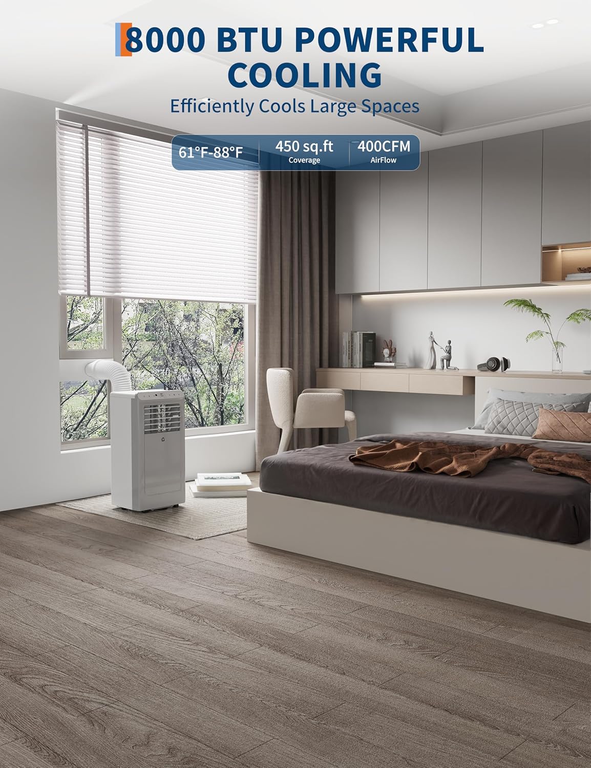 10,000 BTUs Portable Air Conditioner, Cools Room up to 450sq.ft., AC Unit for Bedroom with Built-in Dehumidifier, Fan, Remote Control, Sleep Mode, 24H Timer