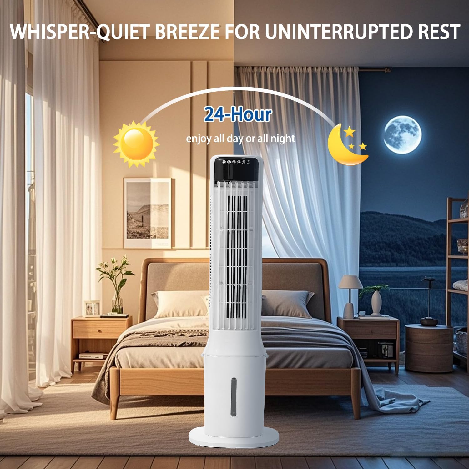 Swamp Cooler Air Conditioner Portable, 41in Tower Standing Fan 120° Oscillating Bladeless Evaporative Air Cooler with Removable Water Tank, 4 Ice Packs, 24h Timer, Auto-off for Bedroom Garage Outdoor